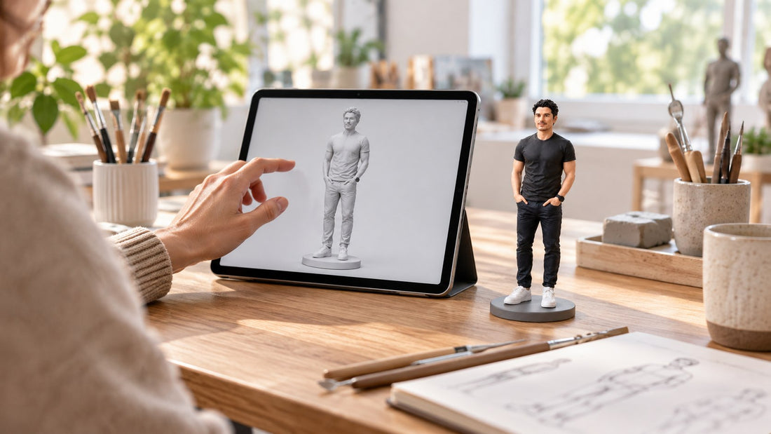 作業台に並ぶデジタルプレビューと完成したオーダーメイド3Dフィギュア