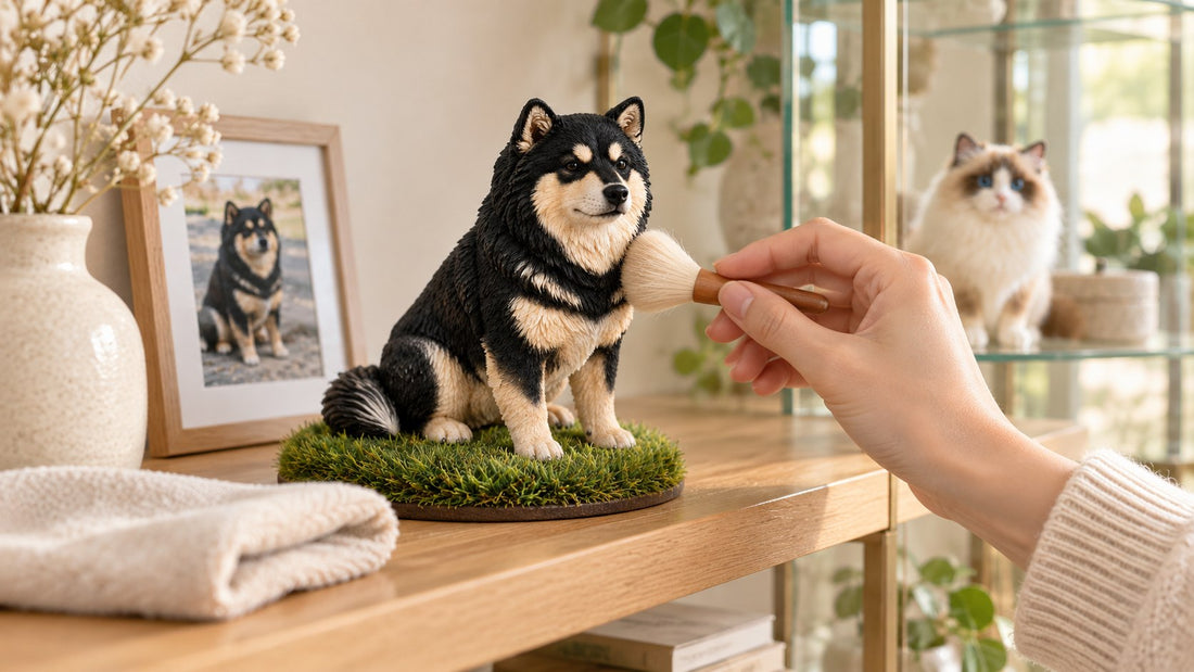 柔らかいブラシで手作りのペットフィギュアを優しくお手入れする様子