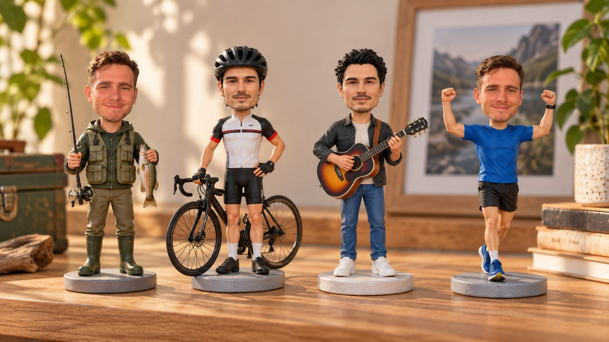 釣り人、自転車乗り、ギタリスト、ランナーを表現した趣味のオーダーメイドフィギュア