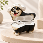 Geöffnete personalisierte 3D AirPods Hülle mit Foto eines schwarzbraunen Hundes im realistischen Stil