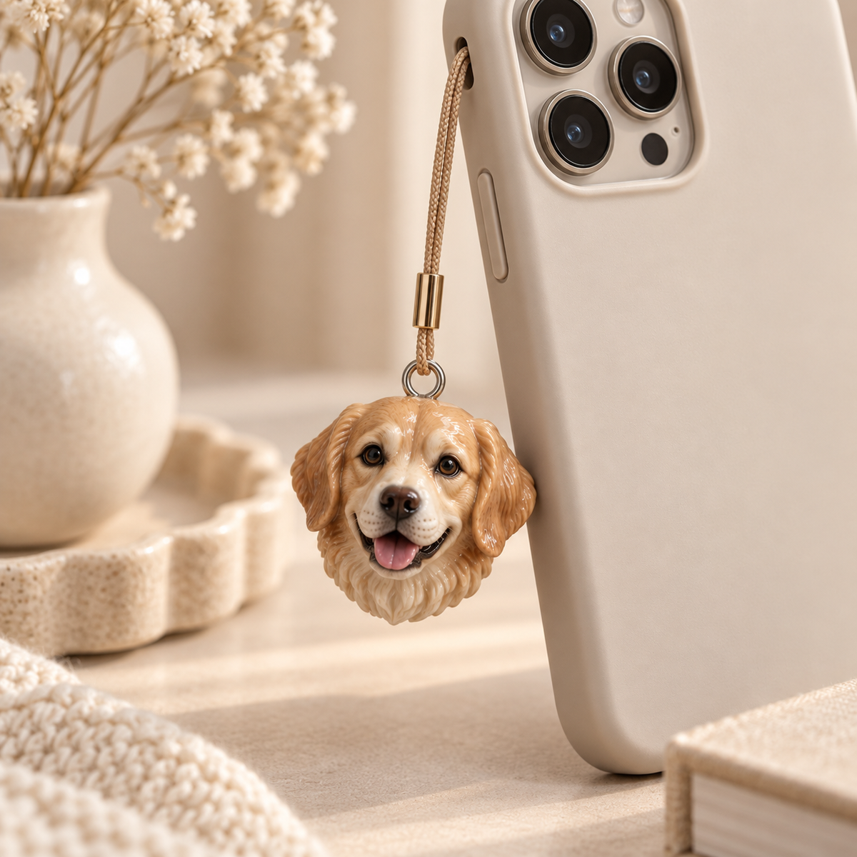 Personalisiertes Hundekopf-Charm an einer Handyhalterung – Handyband nicht enthalten