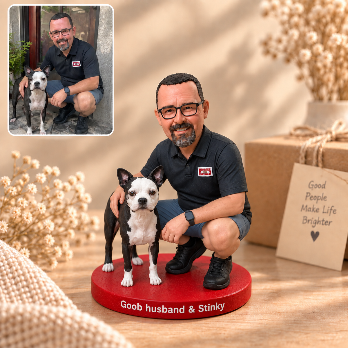 Personalisierte 3D-Figur mit Haustier nach Foto – Handmodelliert aus Soft Clay
