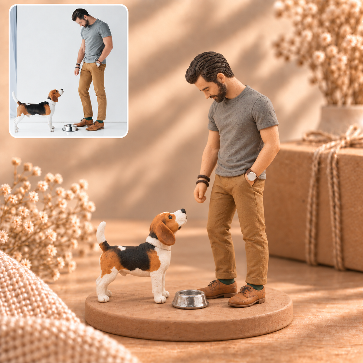 Personalisierte 3D-Figur mit Haustier nach Foto – Handmodelliert aus Soft Clay