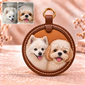 3D-Lederbild rund mit zwei Hunden – personalisiertes Lederbild nach Foto