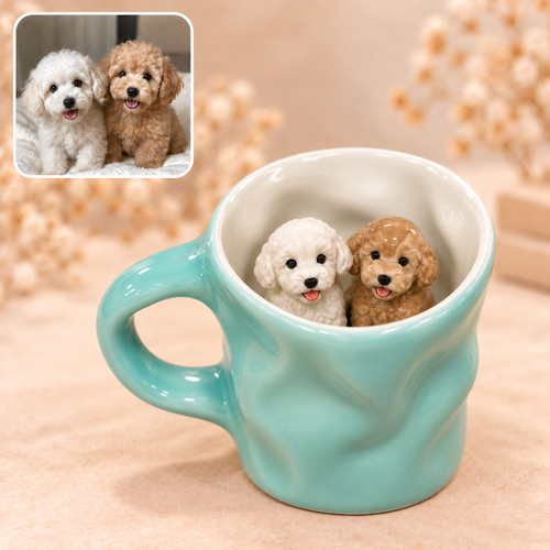 Green irregular-shaped ceramic mug with a small pet inside