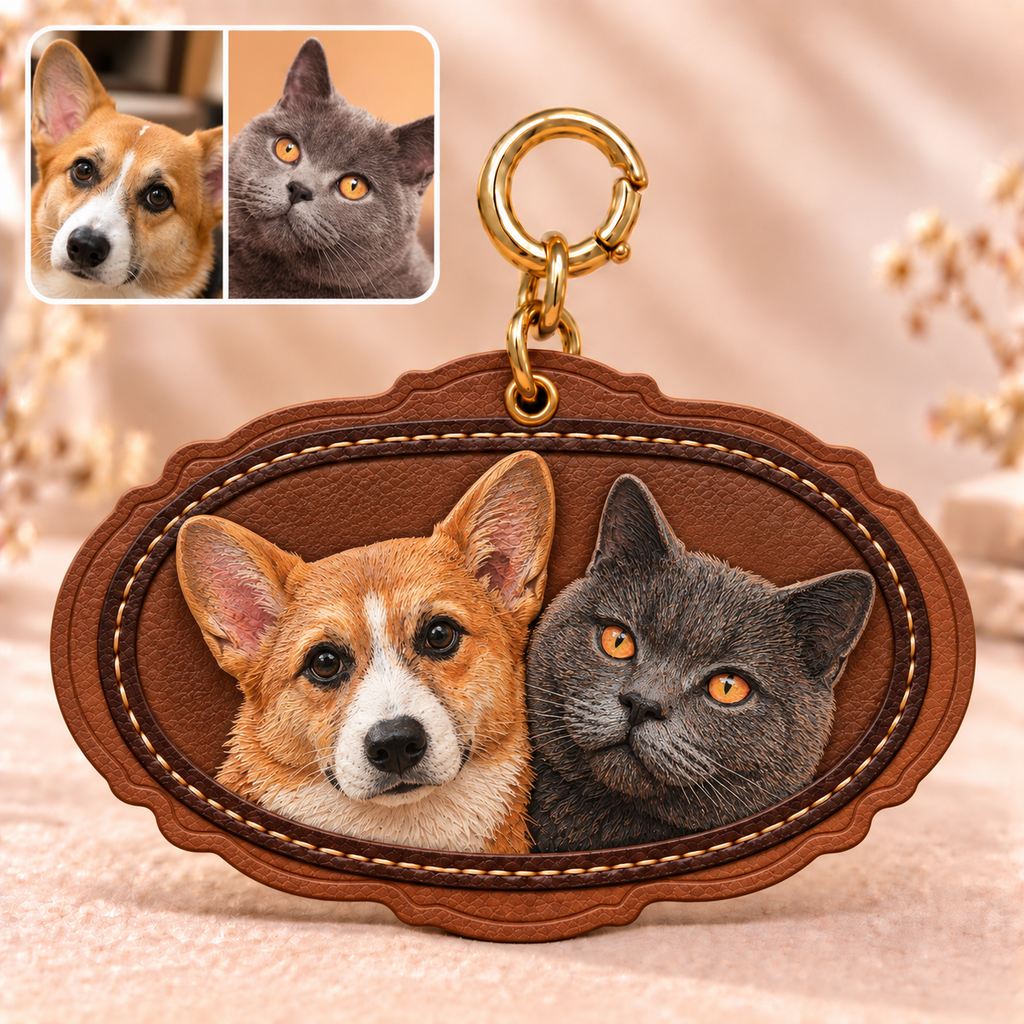 3D-Lederbild mit zwei Hunden personalisiert – Lederanhänger mit Zierrand