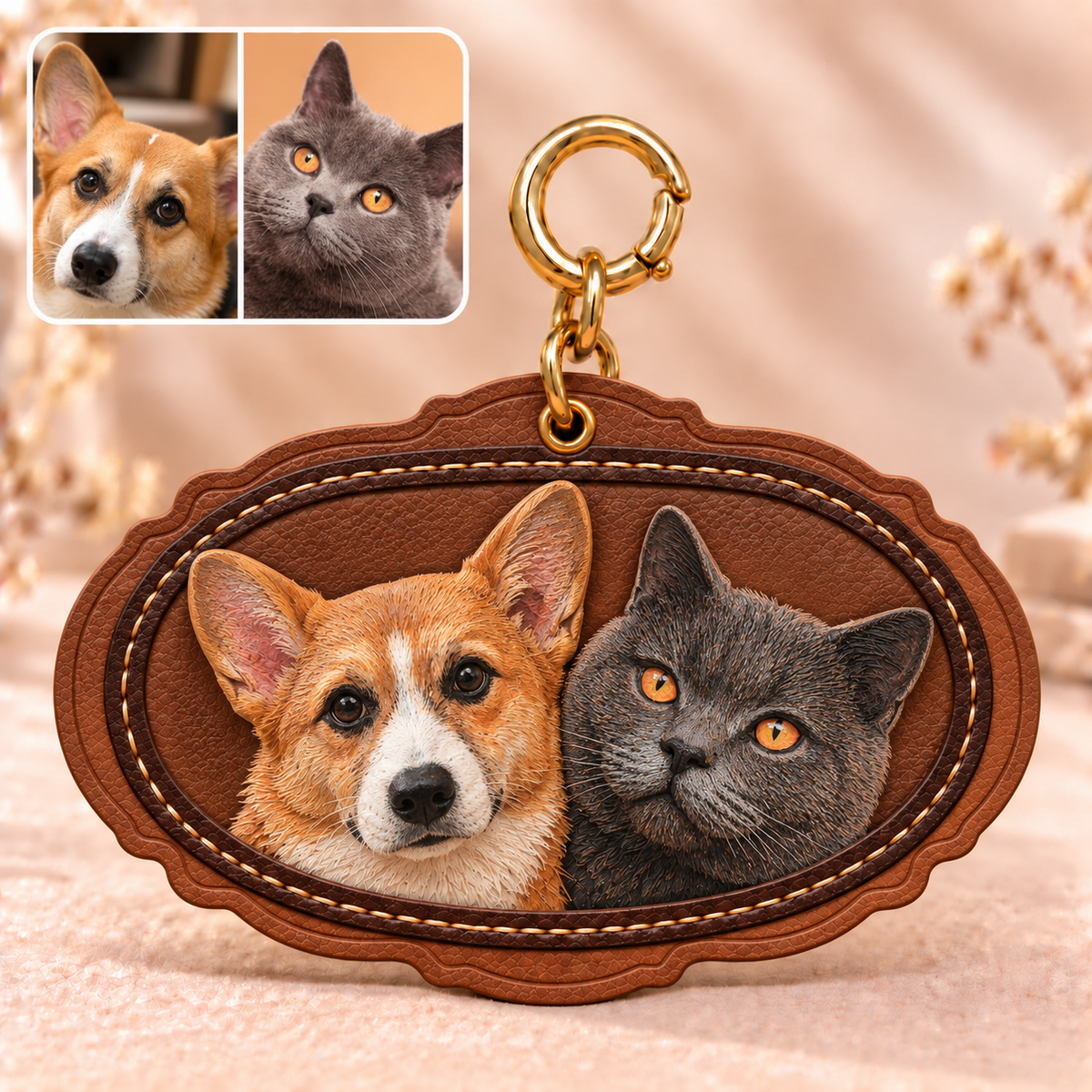 3D-Lederbild mit zwei Hunden personalisiert – Lederanhänger mit Zierrand