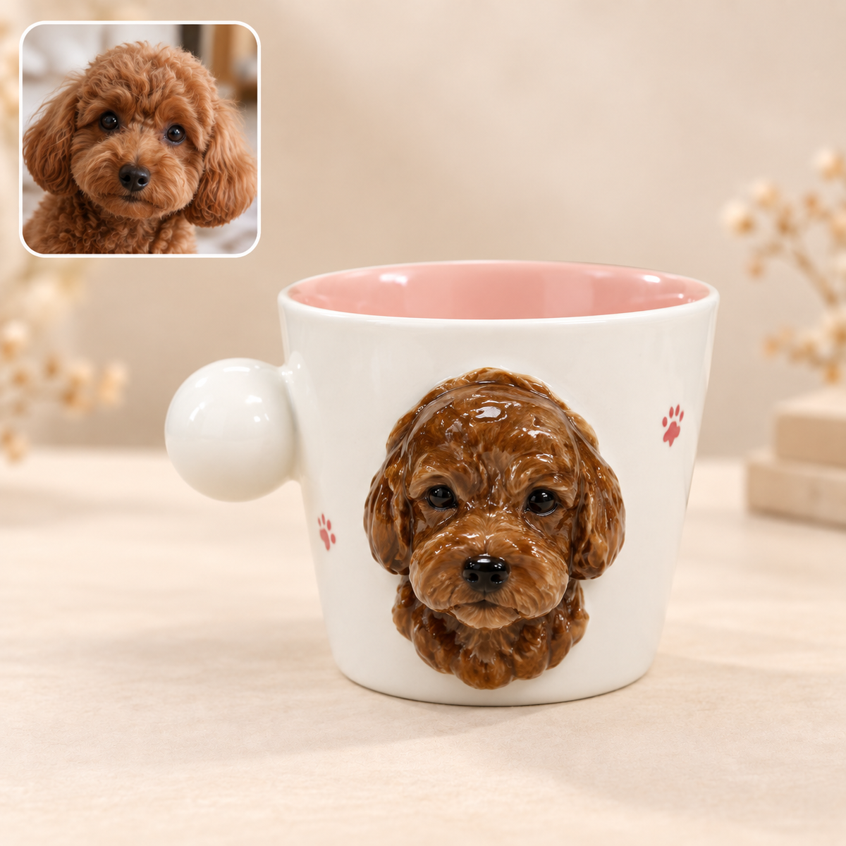 犬の立体ポートレートと丸いハンドルの白い陶器マグ