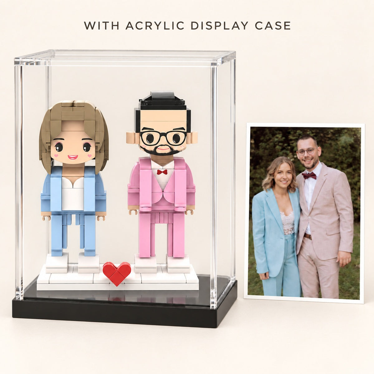 Klemmbaustein-Porträt nach Foto – 2 Personen als Standfiguren mit Acrylglas