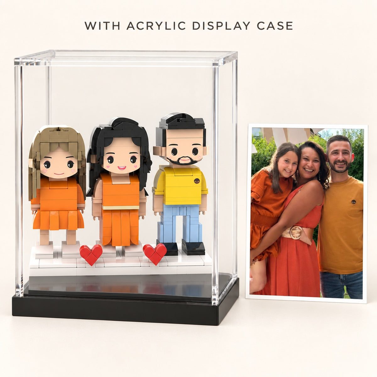 Klemmbaustein-Porträt nach Foto – 3 Personen als Standfiguren mit Acrylglas