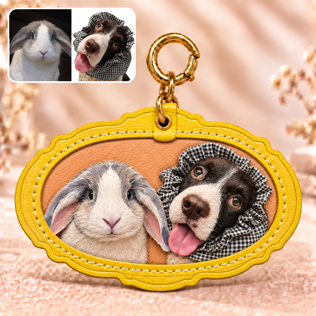 Lederanhänger mit Zierrand und zwei Katzen – personalisiertes 3D-Lederbild nach Foto