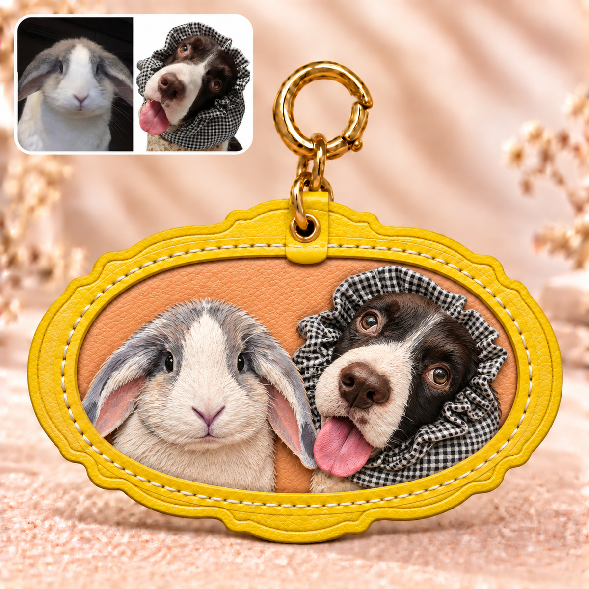 Lederanhänger mit Zierrand und zwei Katzen – personalisiertes 3D-Lederbild nach Foto