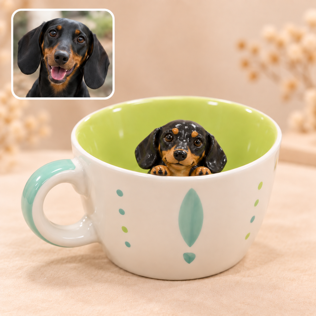 曲線ハンドルと小さな犬のモチーフ付き陶器マグ