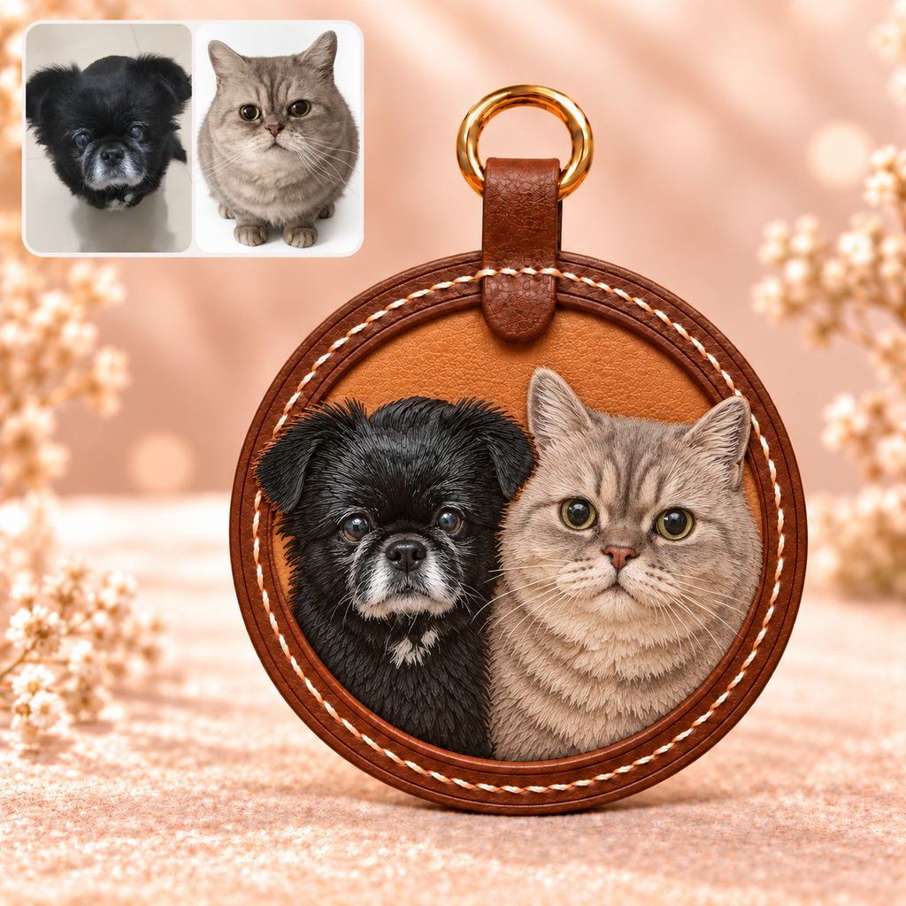Personalisierter Lederanhänger mit zwei Katzen – 3D-Lederbild nach Foto