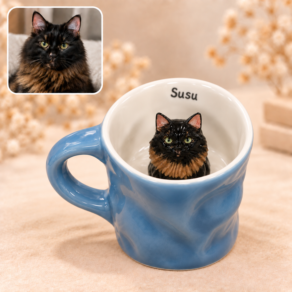 座った猫をあしらった青色の不規則な形の陶器マグ
