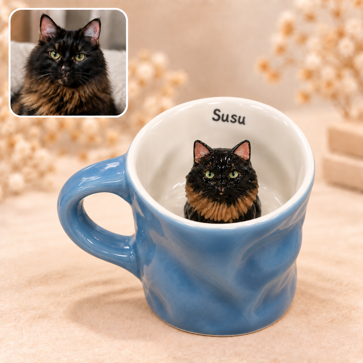 座った猫をあしらった青色の不規則な形の陶器マグ