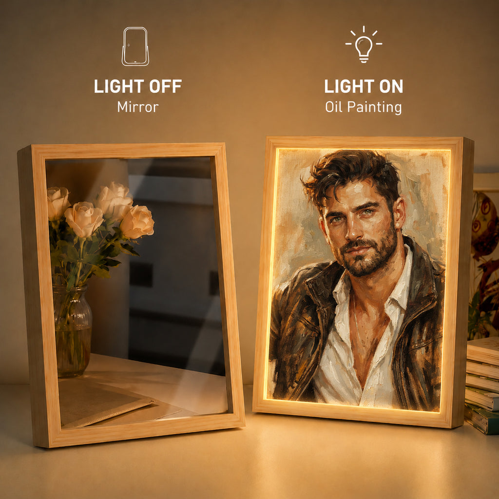Personalisierter Spiegel mit Foto & Licht – Individuelles LED-Fotobild im Ölmalerei-Stil