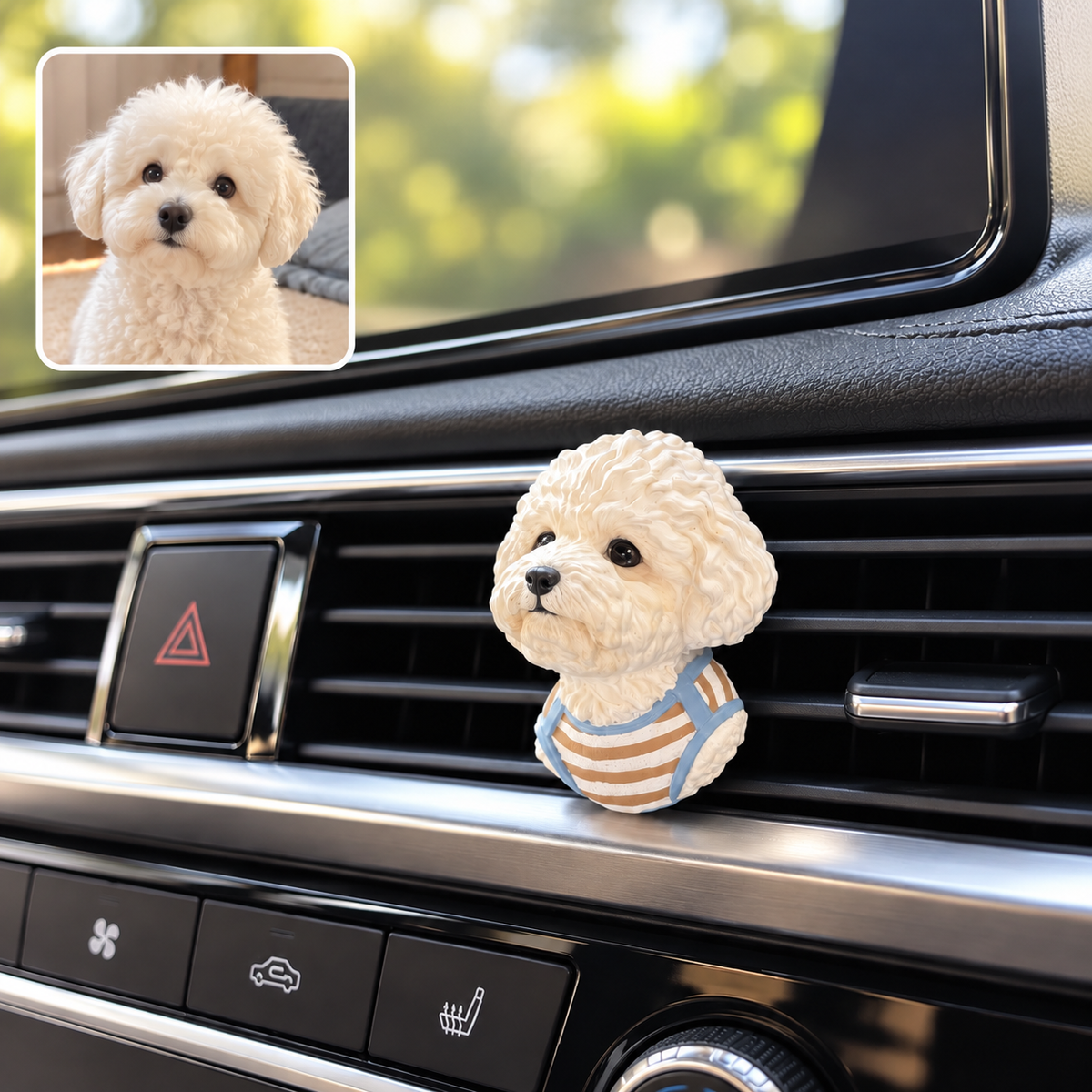 Personalisierter 3D-Haustiermagnet im Auto am Lüftungsgitter – Beispiel mit Hund