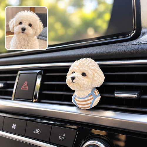 Personalisierter 3D-Haustiermagnet im Auto am Lüftungsgitter – Beispiel mit Hund