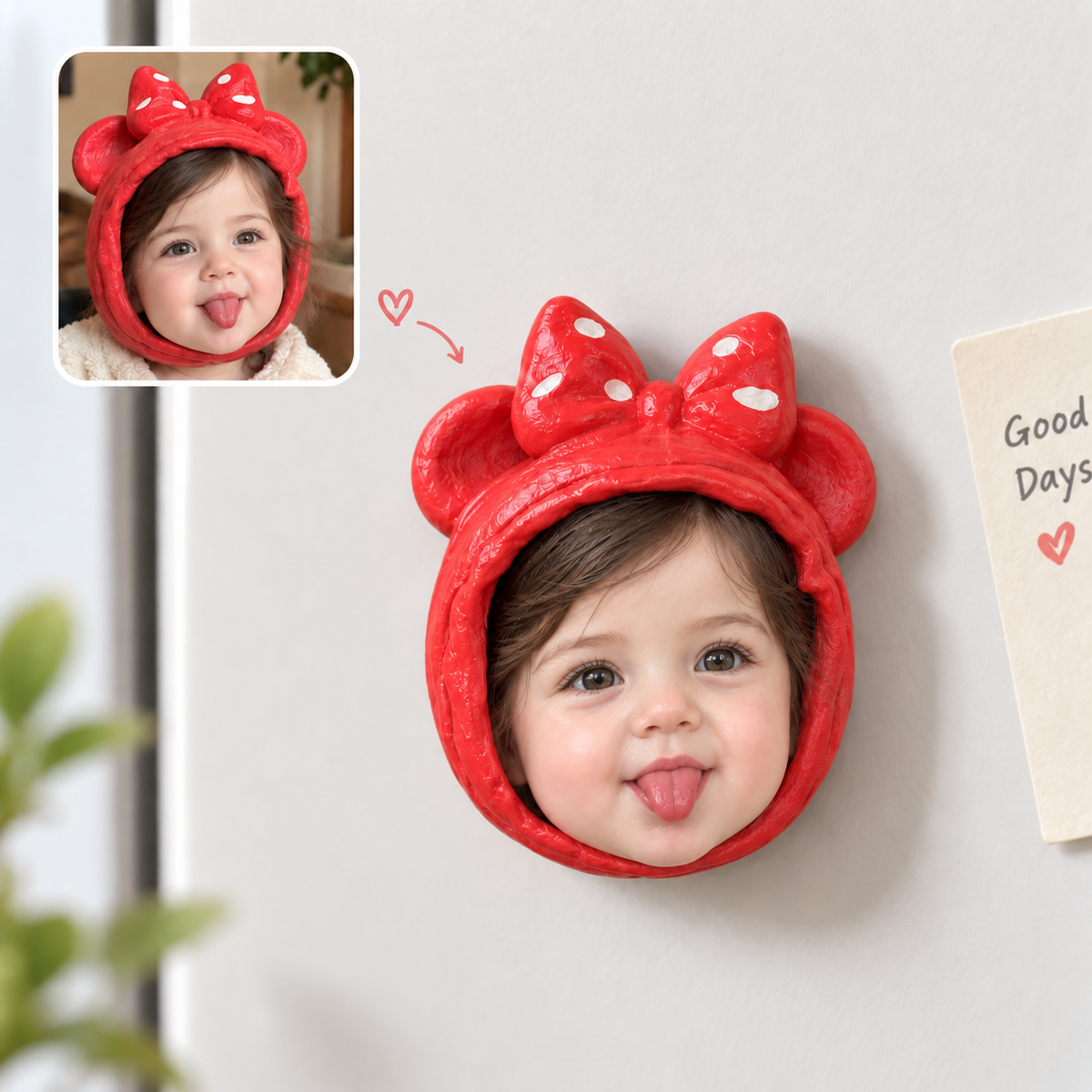 Personalisierter 3D-Reliefmagnet nach Foto – Beispiel mit Kinderporträt am Kühlschrank