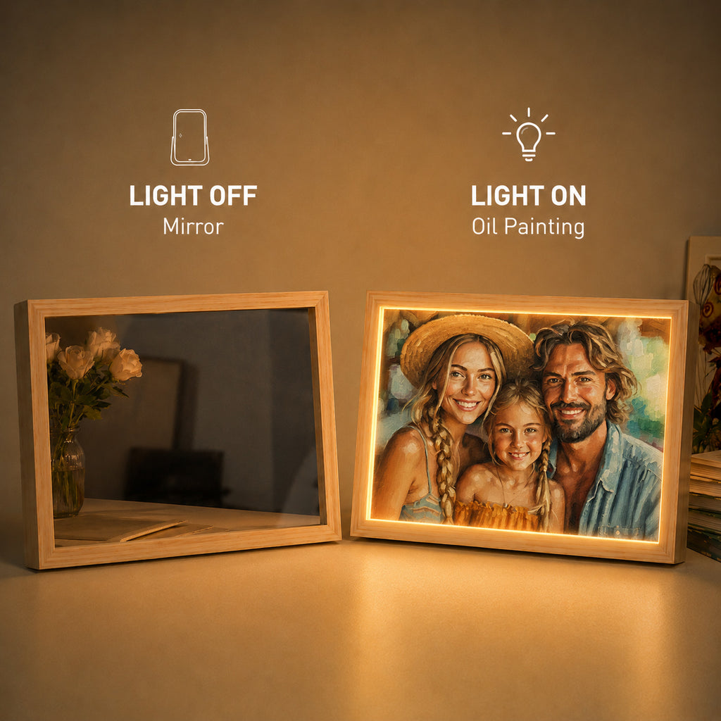 Personalisierter Spiegel mit Foto & Licht – Individuelles LED-Fotobild im Ölmalerei-Stil