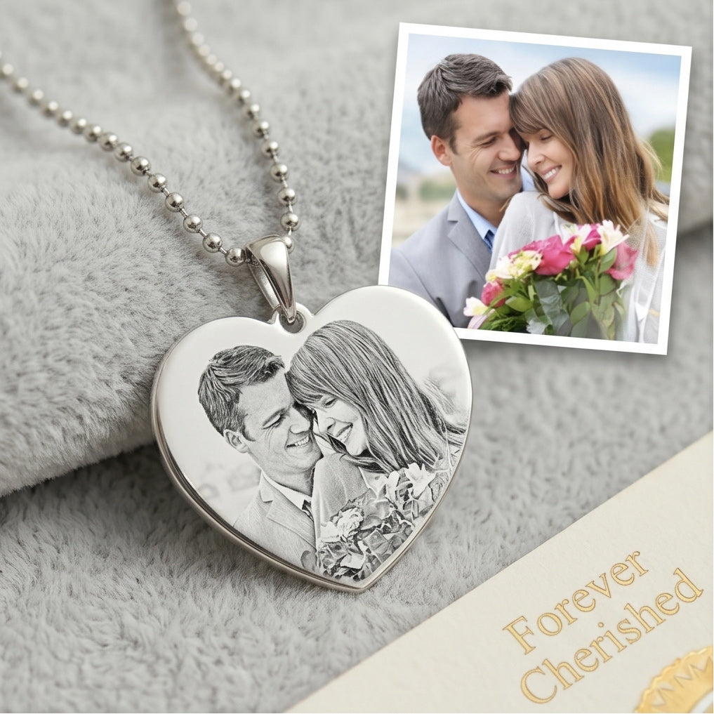 Personalisierte Herz Halskette mit Foto Gravur – Schwarz Weiß Erinnerungsschmuck
