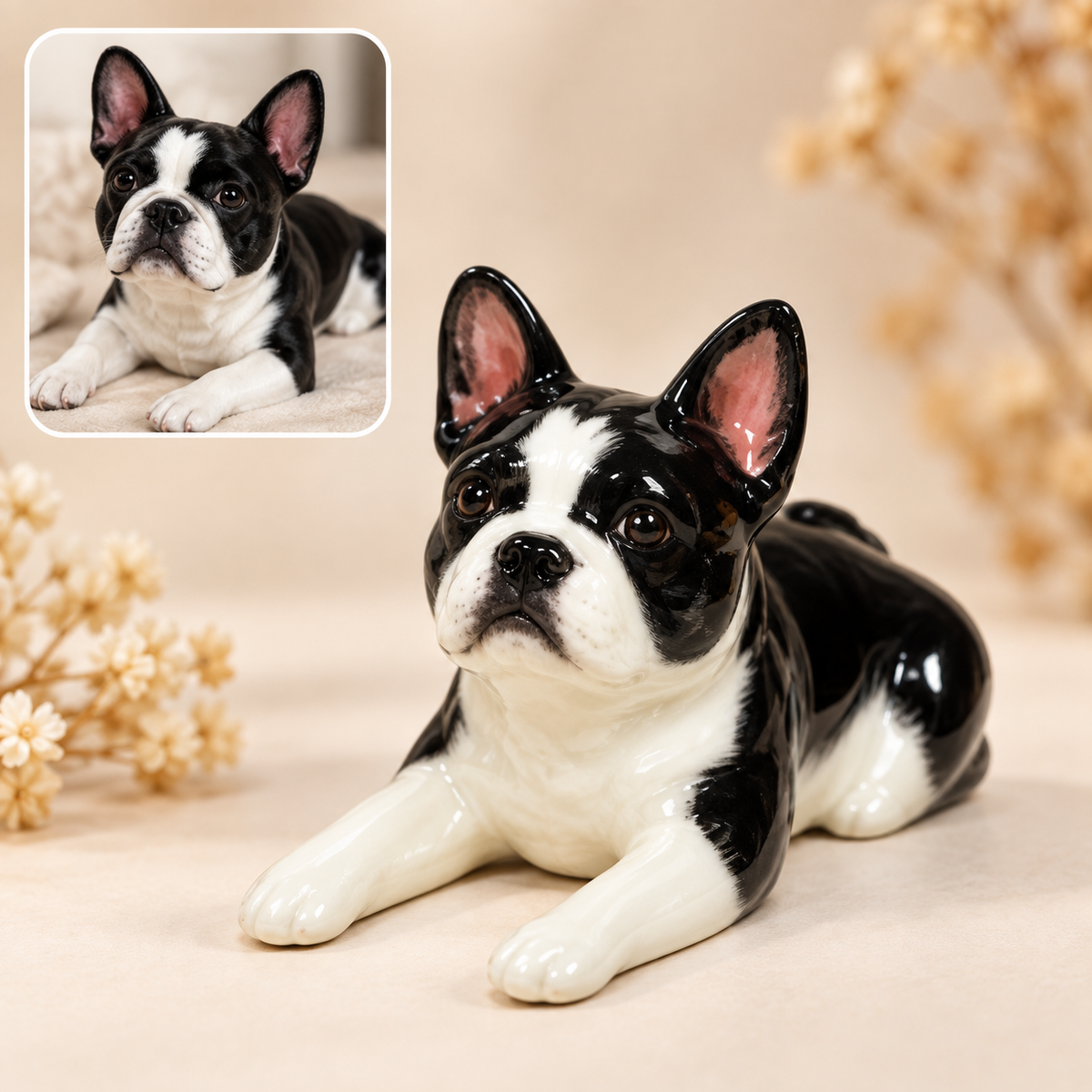 写真から作る陶器ペットフィギュア｜伏せをした犬・標準タイプ