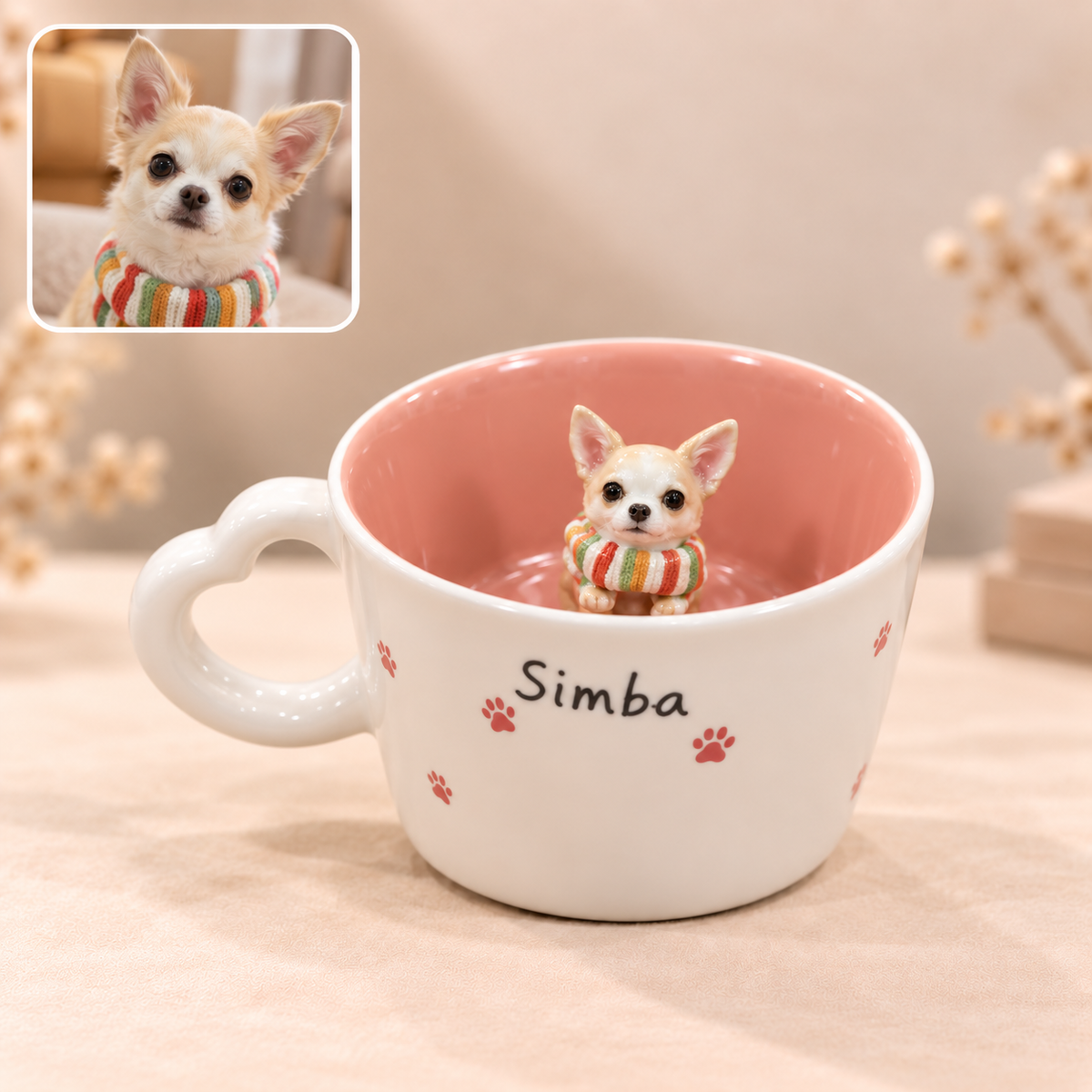 ハート型ハンドルと犬のモチーフ付き陶器マグ
