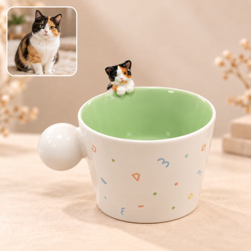 Ceramic mug with ball handle and blue interior