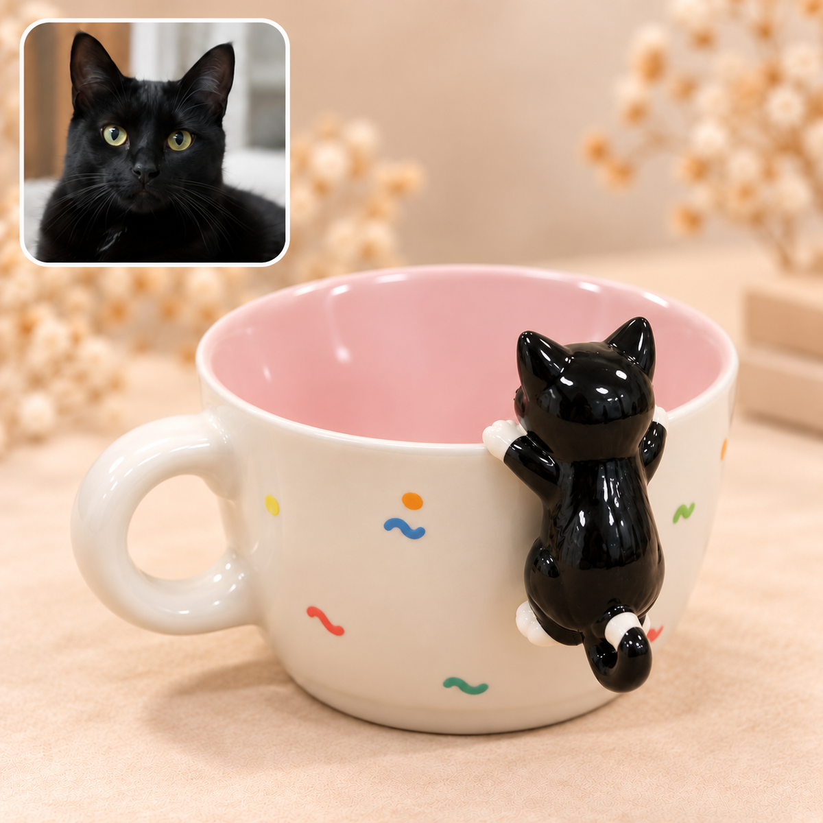 曲線ハンドルと黒猫の立体モチーフ付き陶器マグ