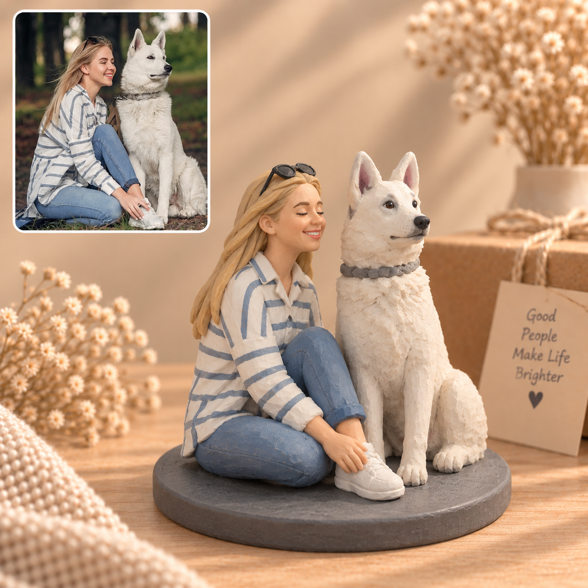 Personalisierte 3D-Figur mit Haustier nach Foto – Handmodelliert aus Soft Clay