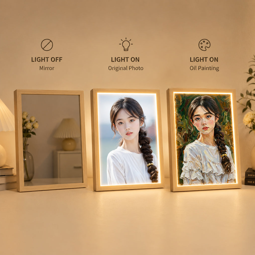 Personalisierter Spiegel mit Foto & Licht – Individuelles LED-Fotobild im Ölmalerei-Stil