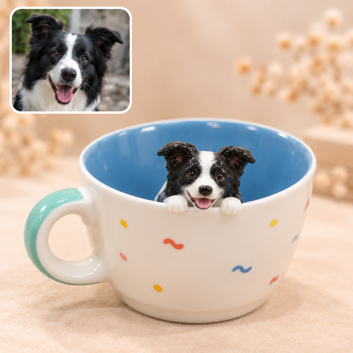 曲線ハンドルと2匹の小さな犬のモチーフ付き陶器マグ