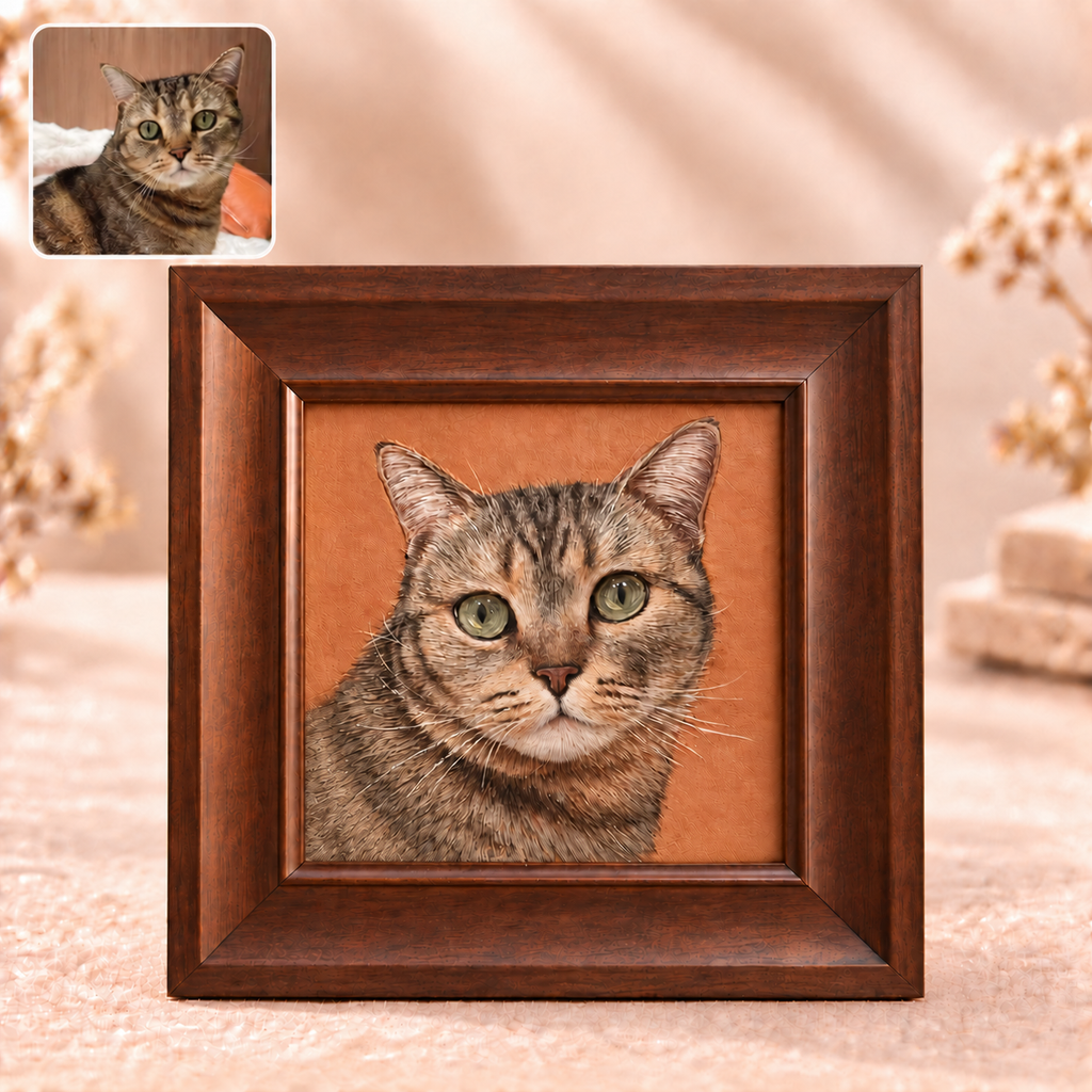 3D-Lederbild im Holzrahmen mit Hundefoto – personalisiertes Geschenk nach Foto