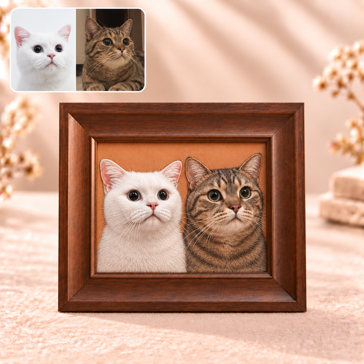 Personalisierter Lederbild-Rahmen mit zwei Katzen – 3D-Lederbild nach Foto