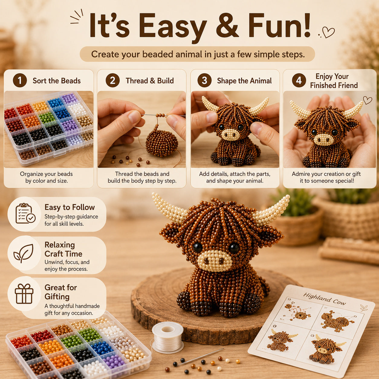 3D Perlen-Tier DIY Set – Kreatives Bastelset mit bunten Perlen