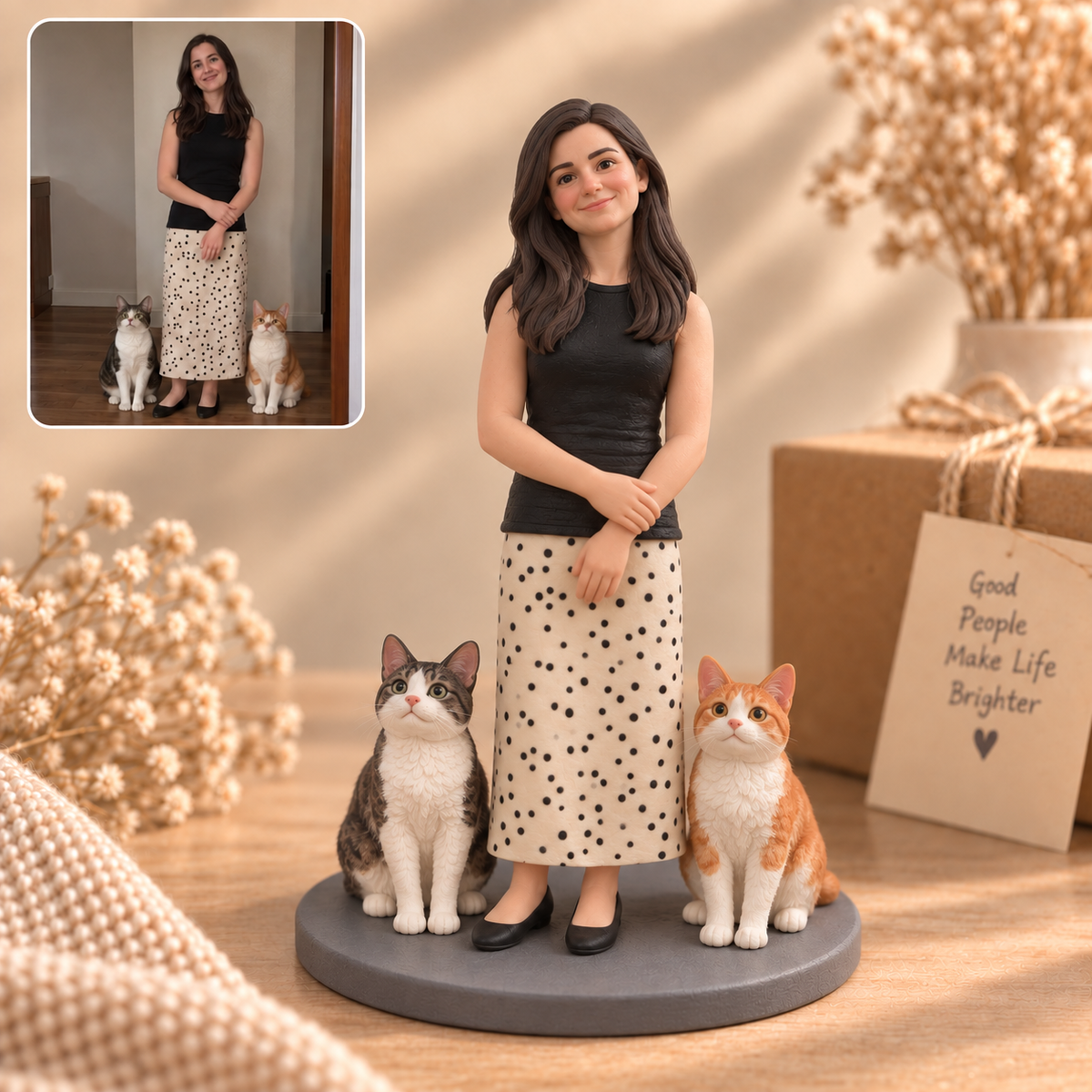 Personalisierte 3D-Figur mit Haustier nach Foto – Handmodelliert aus Soft Clay