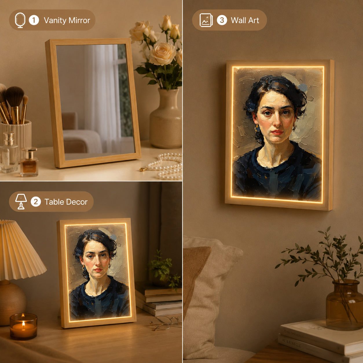 Personalisierter Spiegel mit Foto & Licht – Individuelles LED-Fotobild im Ölmalerei-Stil