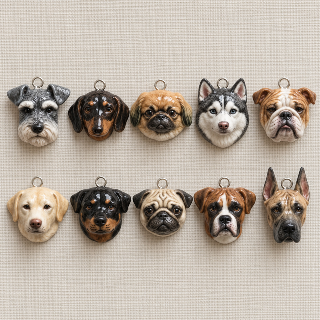Beispiele personalisierter Hunde-Charm-Anhänger nach Foto