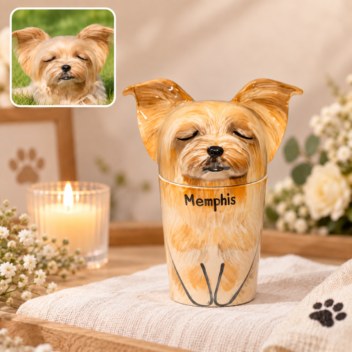 ペットのポートレート入り犬用陶器骨壺 A2402｜手描き・3サイズ展開