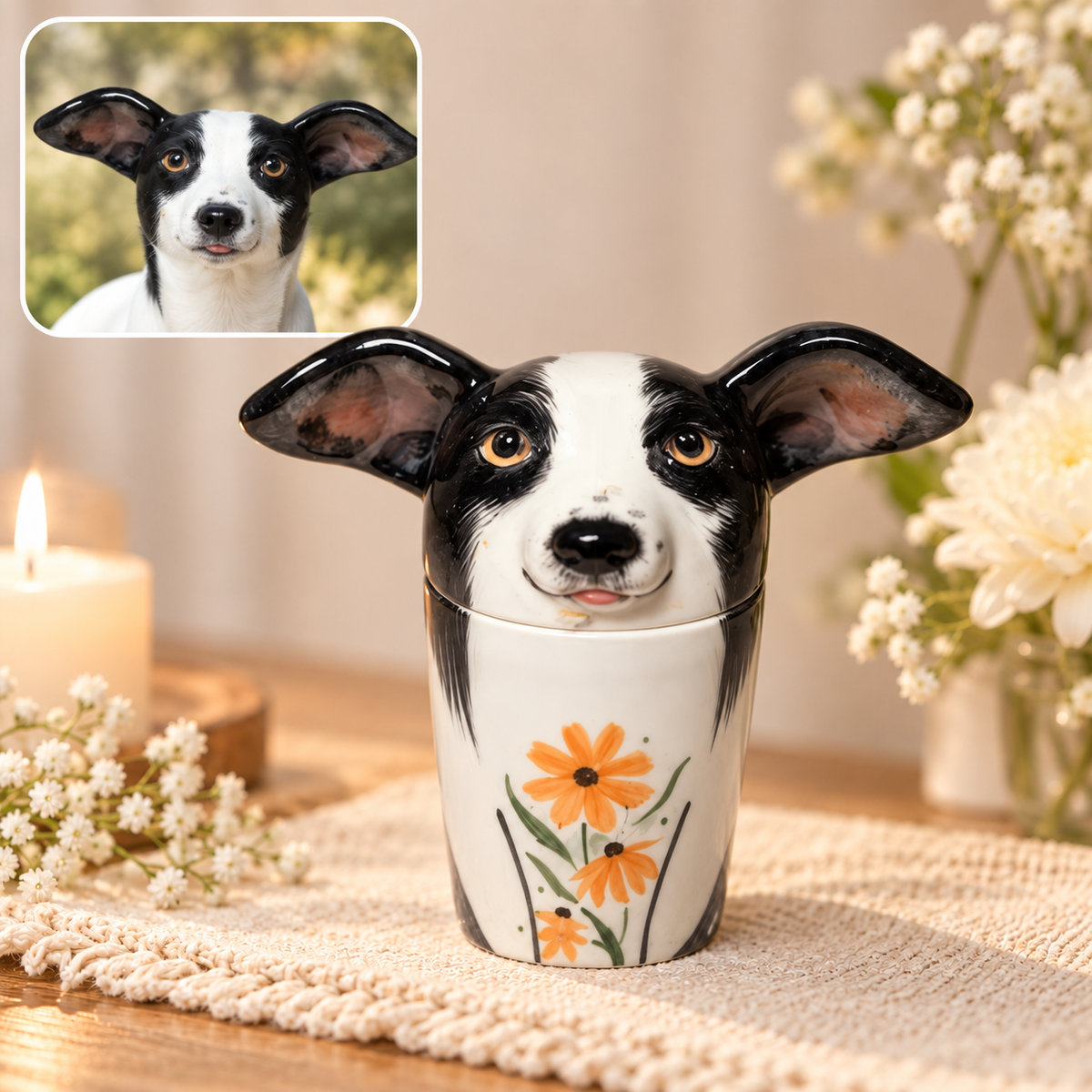 手描き花柄の犬用陶器骨壺 A2402BH｜写真でオーダーメイド