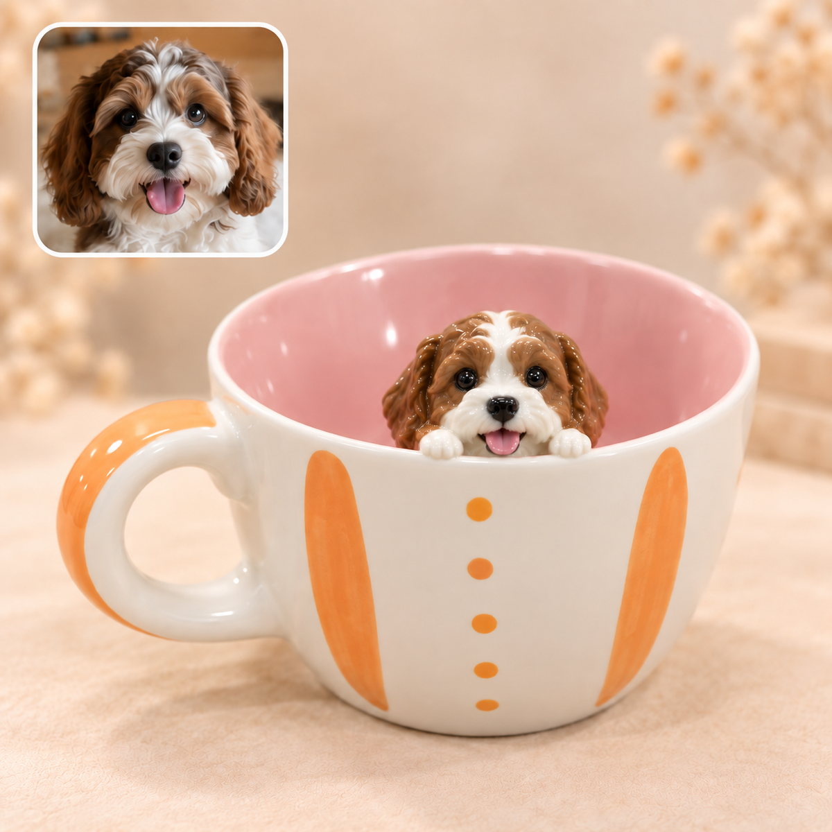 曲線ハンドルと犬の立体モチーフ付き陶器マグ