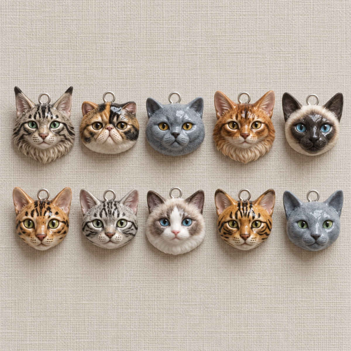 Beispiele personalisierter Katzen-Charm-Anhänger nach Foto