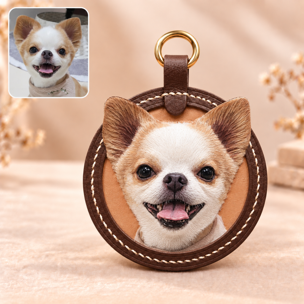 3D-Lederbild rund personalisiert – Lederanhänger mit Hundefoto als Geschenk