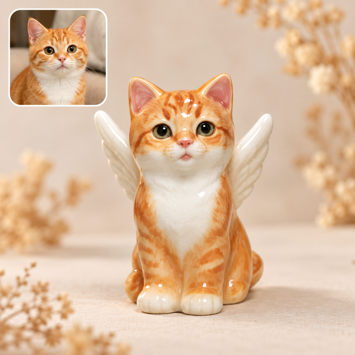 写真から作る翼付き陶器ペットフィギュア｜猫のデザイン