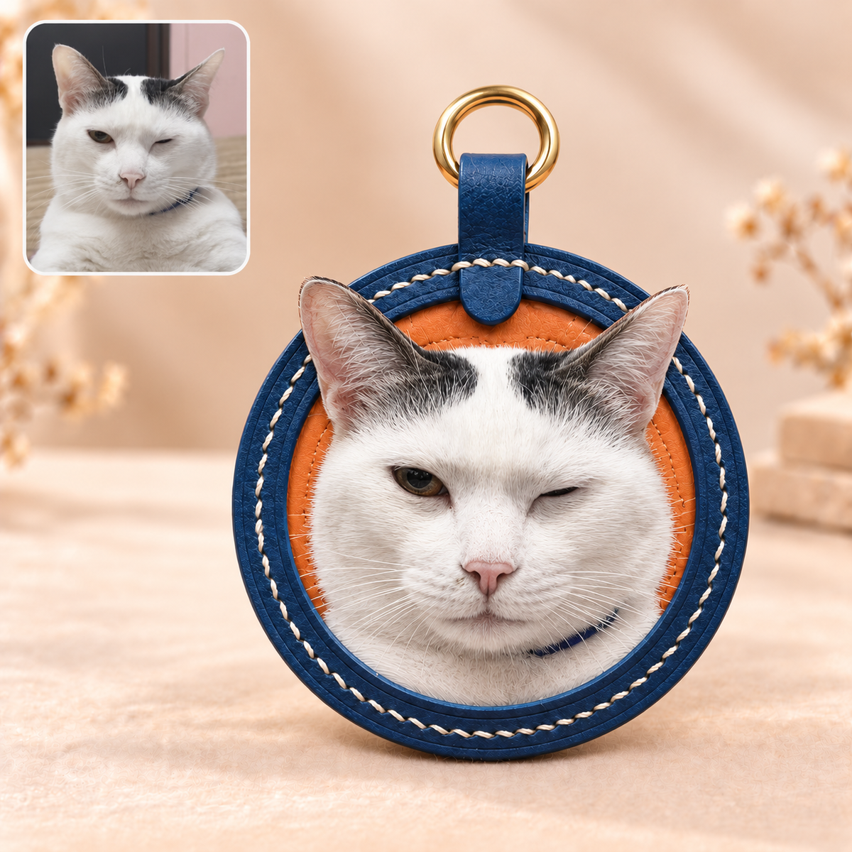 Lederanhänger mit Katzenfoto – personalisiertes 3D-Lederbild rund nach Foto