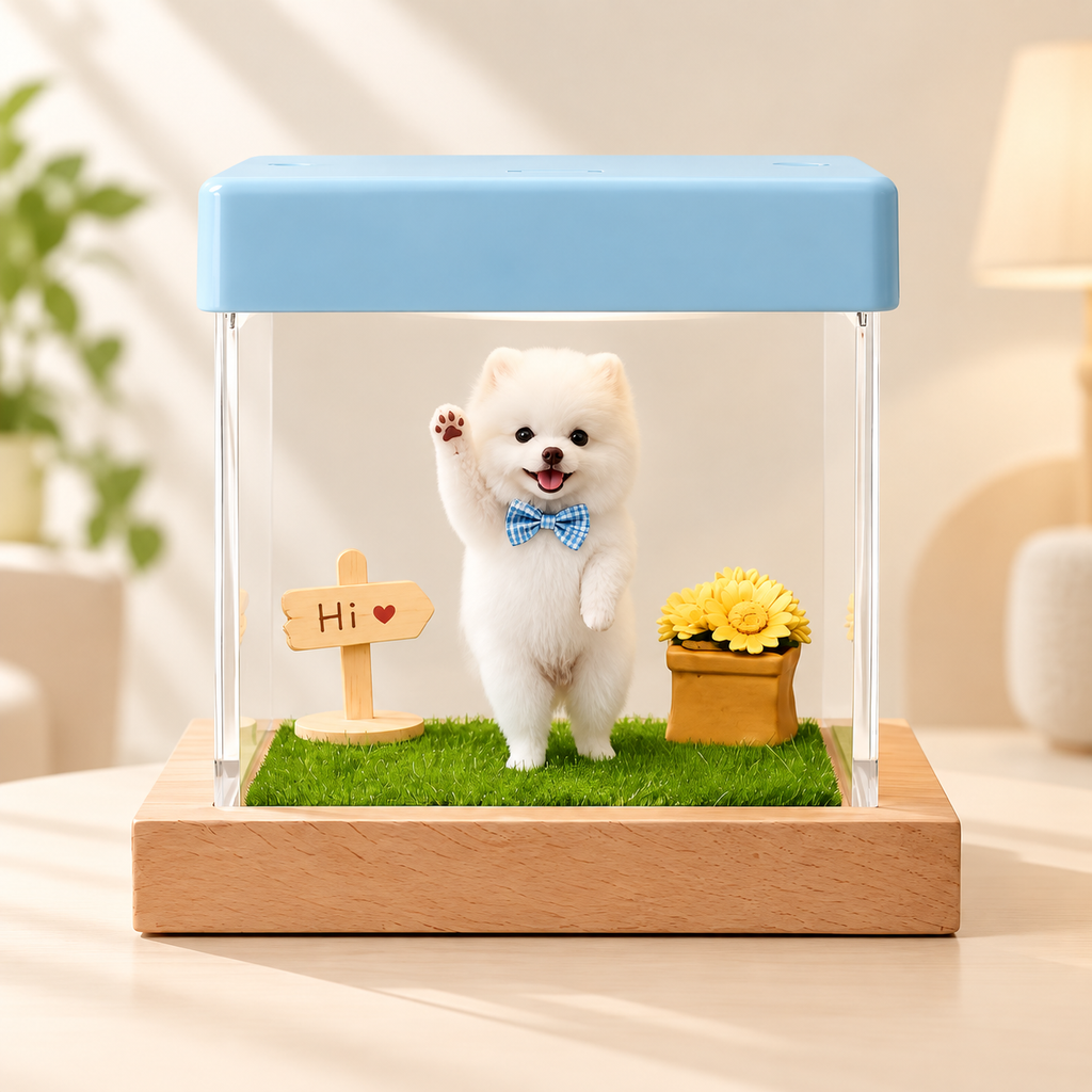 Blaue Displaybox mit projizierter Haustierfigur