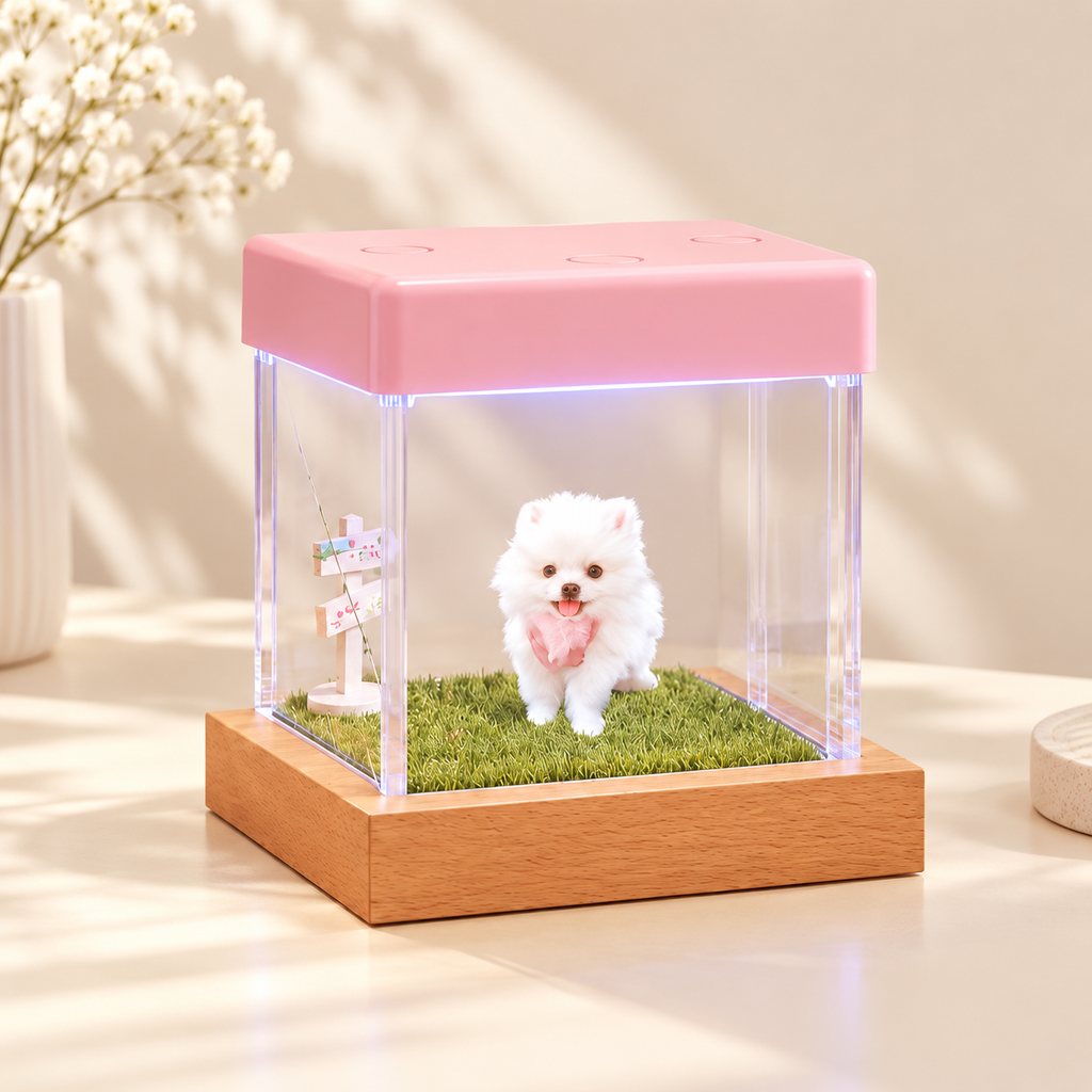 Rosa Displaybox mit personalisierter Haustierprojektion
