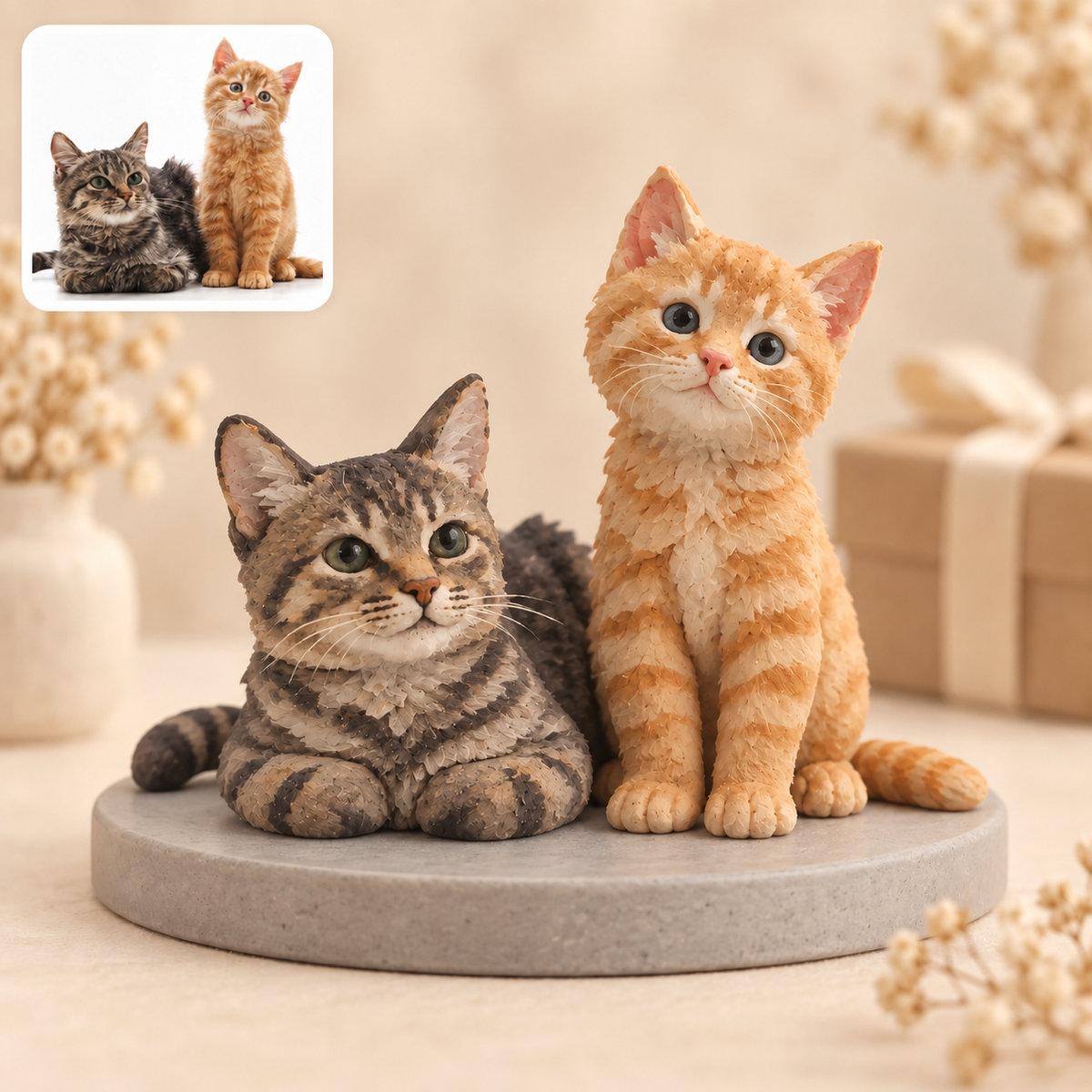 Personalisierte Doppel-Haustierfigur nach Foto aus Soft Clay mit zwei Katzen und Fotovorlage