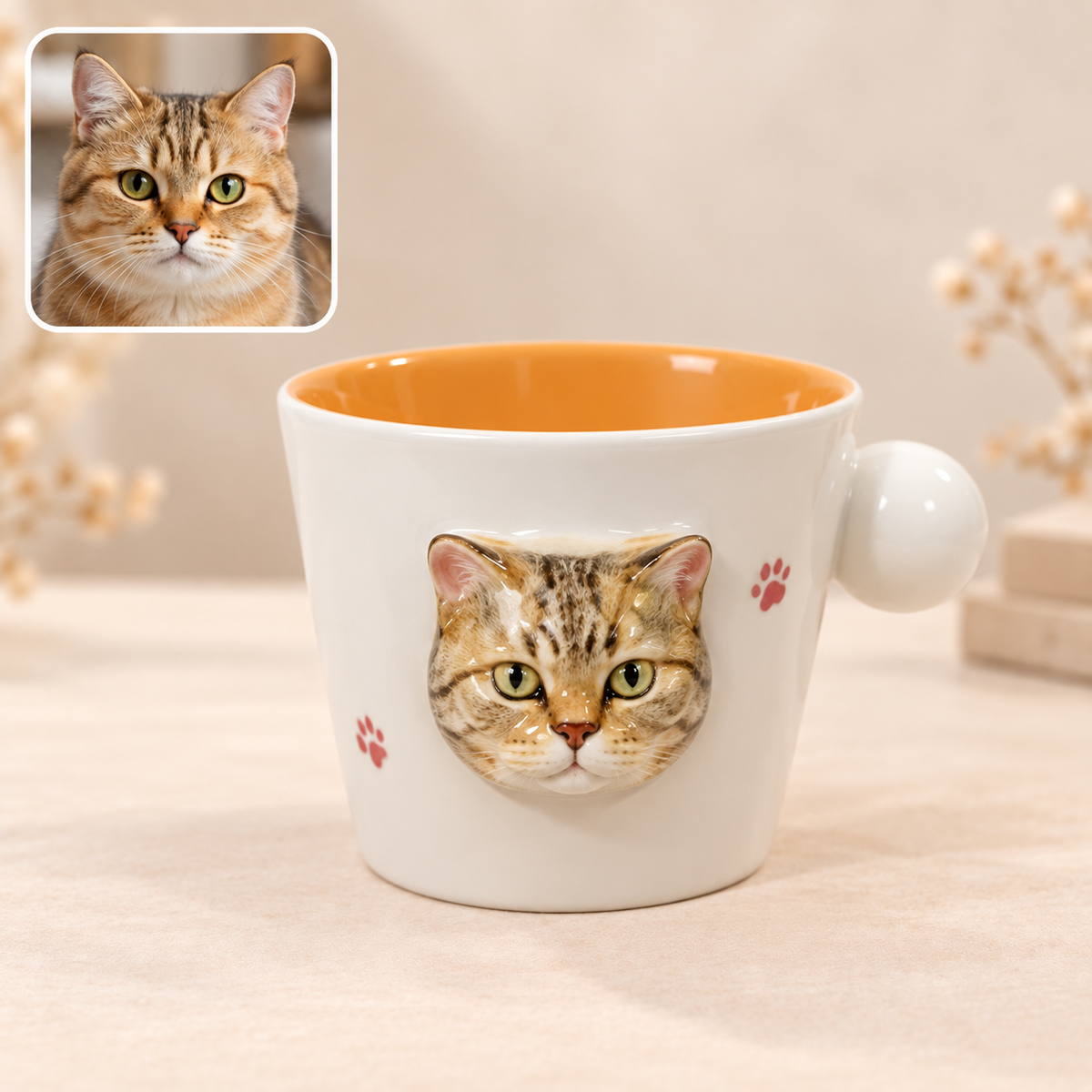 猫の立体ポートレート付き白い陶器マグ
